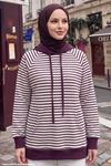 Kadın Modal Kumaş Çizgili  Kanguru Cepli Kapüşonlu Tesettür Sweat Tunik Mürdüm