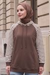 Kadın Kapüşonlu Kanguru Cepli Çizgili Tesettür Sweatshirt Tunik Kahve