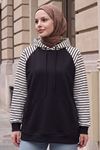 Kadın Kapüşonlu Kanguru Cepli Çizgili Tesettür Sweatshirt Tunik Siyah
