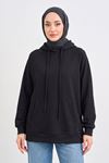 Kadın Siyah Oysho Kumaş Yumuşak Dokulu Kapüşonlu Sweatshirt Kanguru Cepli Günlük Tesettür Sweat