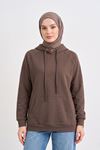 Kadın Kahve Oysho Kumaş Yumuşak Dokulu Kapüşonlu Sweatshirt Kanguru Cepli Günlük Tesettür Sweat