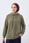 Kadın Haki Oysho Kumaş Yumuşak Dokulu Kapüşonlu Sweatshirt Kanguru Cepli Günlük Tesettür Sweat