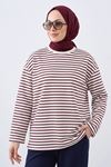 Kadın Bordo Çizgili Oversize Sweatshirt Bisiklet Yaka Uzun Kollu Yumuşak Dokulu Tesettür Üst
