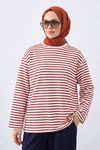 Kadın Kırmızı Çizgili Oversize Sweatshirt Bisiklet Yaka Uzun Kollu Yumuşak Dokulu Tesettür Üst
