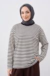 Kadın Siyah Çizgili Oversize Sweatshirt Bisiklet Yaka Uzun Kollu Yumuşak Dokulu Tesettür Üst